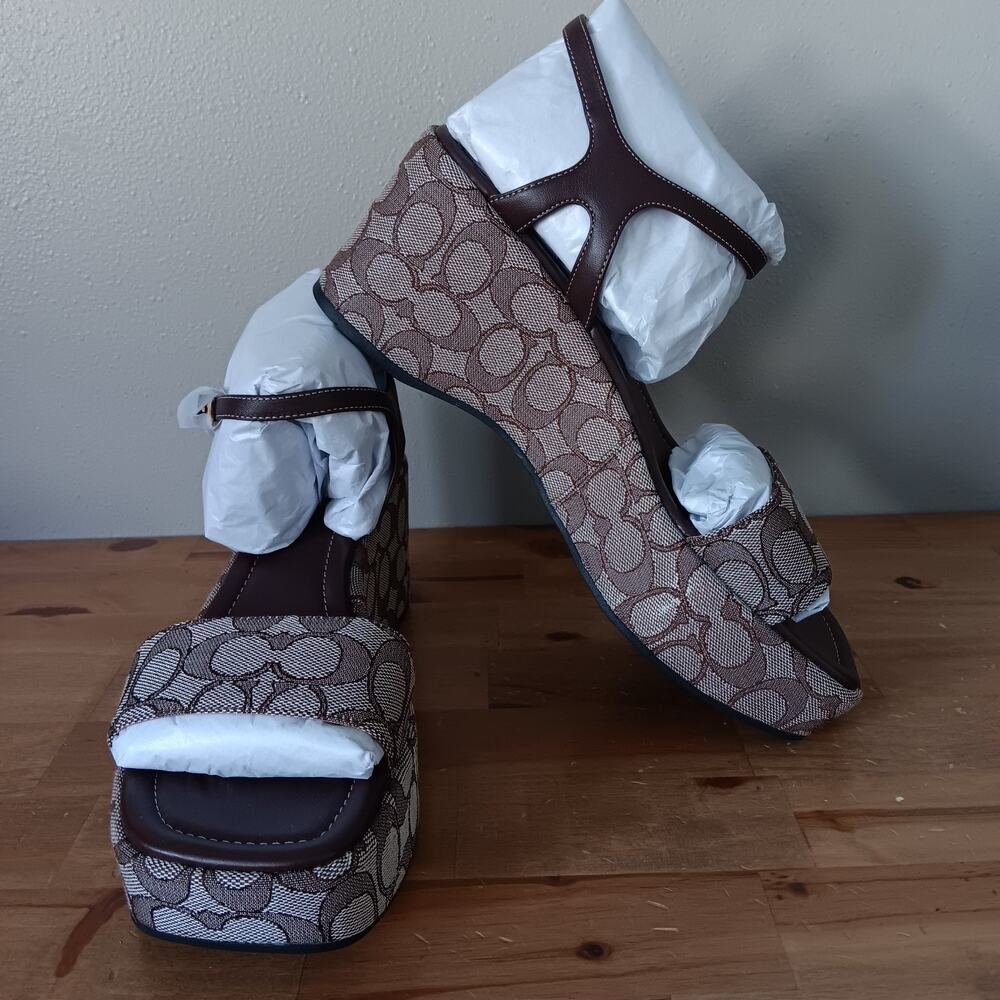 Coach Women Gale Wedge Sandal In Maple Signature Jacquard Size 11 B Damaged Box - Picture 2 of 14